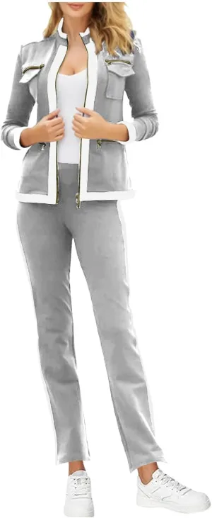 Womens 2 Piece Outfits Casual Fashion Zip Up Jacket Sweatsuits with Sweatpant Travel Track Suits Lounge Sets Pockets