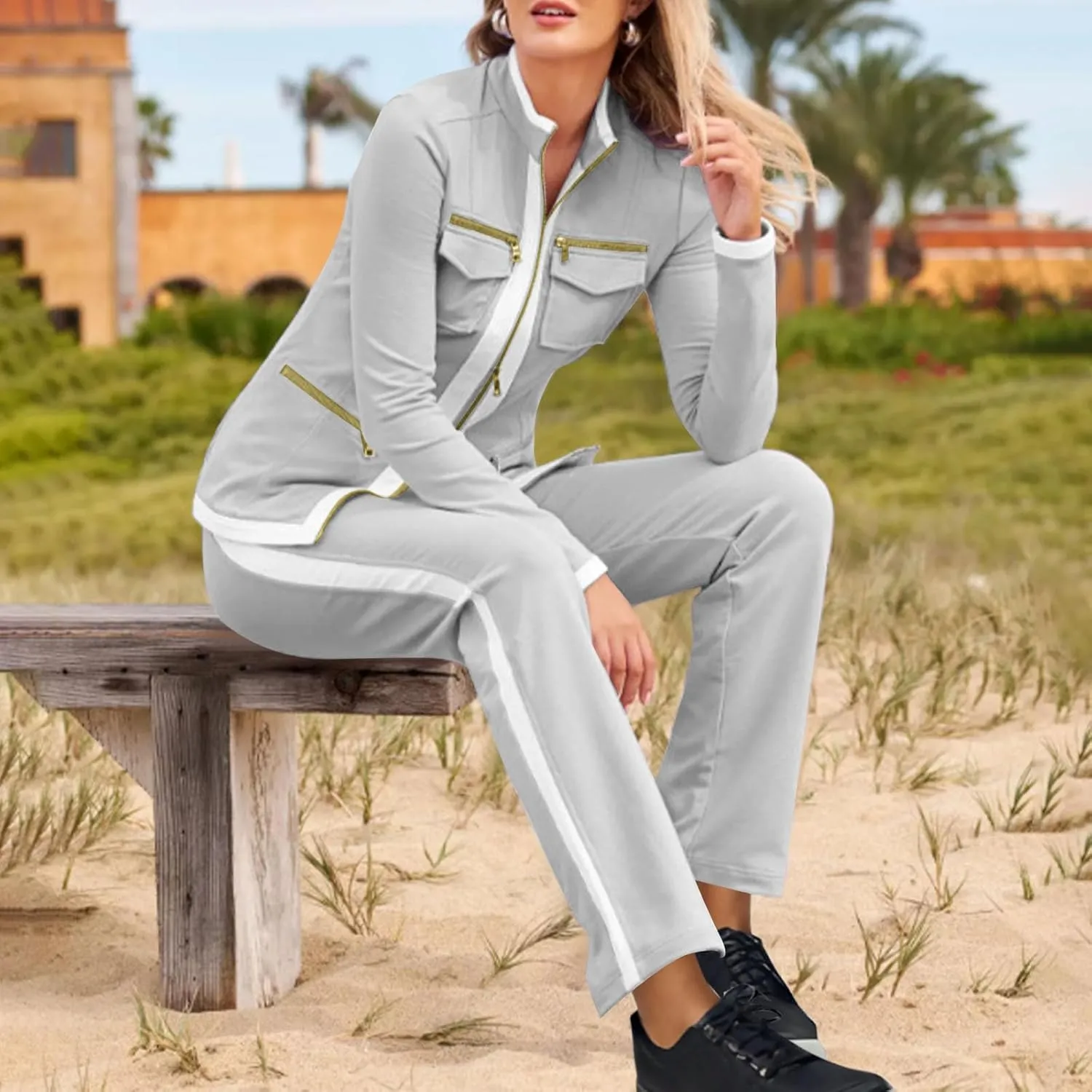 Womens 2 Piece Outfits Casual Fashion Zip Up Jacket Sweatsuits with Sweatpant Travel Track Suits Lounge Sets Pockets