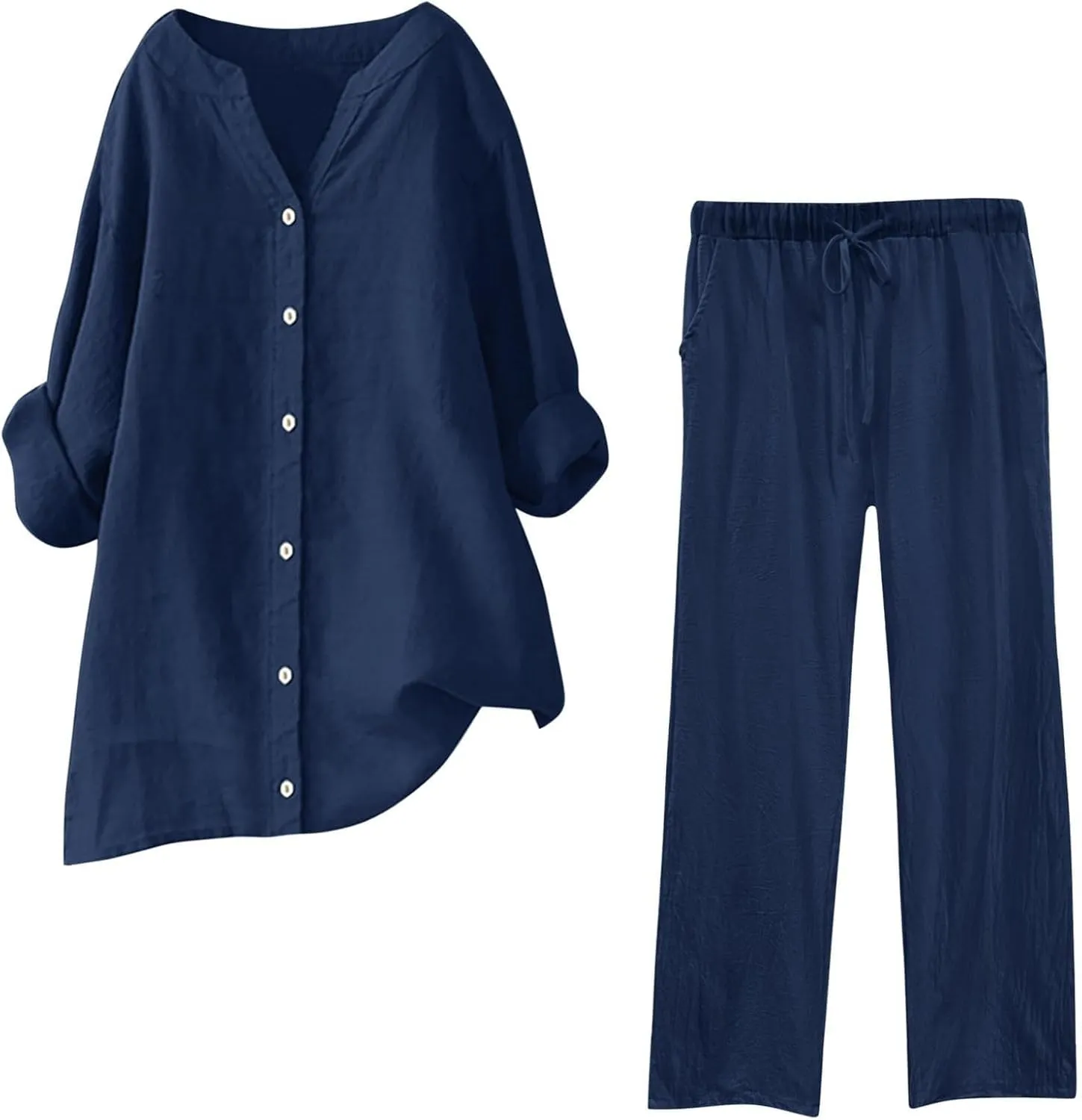 Women's 2 Piece Outfits Cotton Linen Lounge Sets Casual Short Sleeve Button Down Sleepwear Pajamas Set Spring Outfit