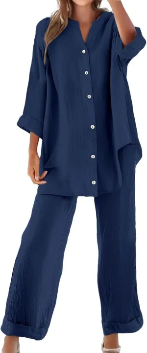 Women's 2 Piece Outfits Cotton Linen Lounge Sets Casual Short Sleeve Button Down Sleepwear Pajamas Set Spring Outfit