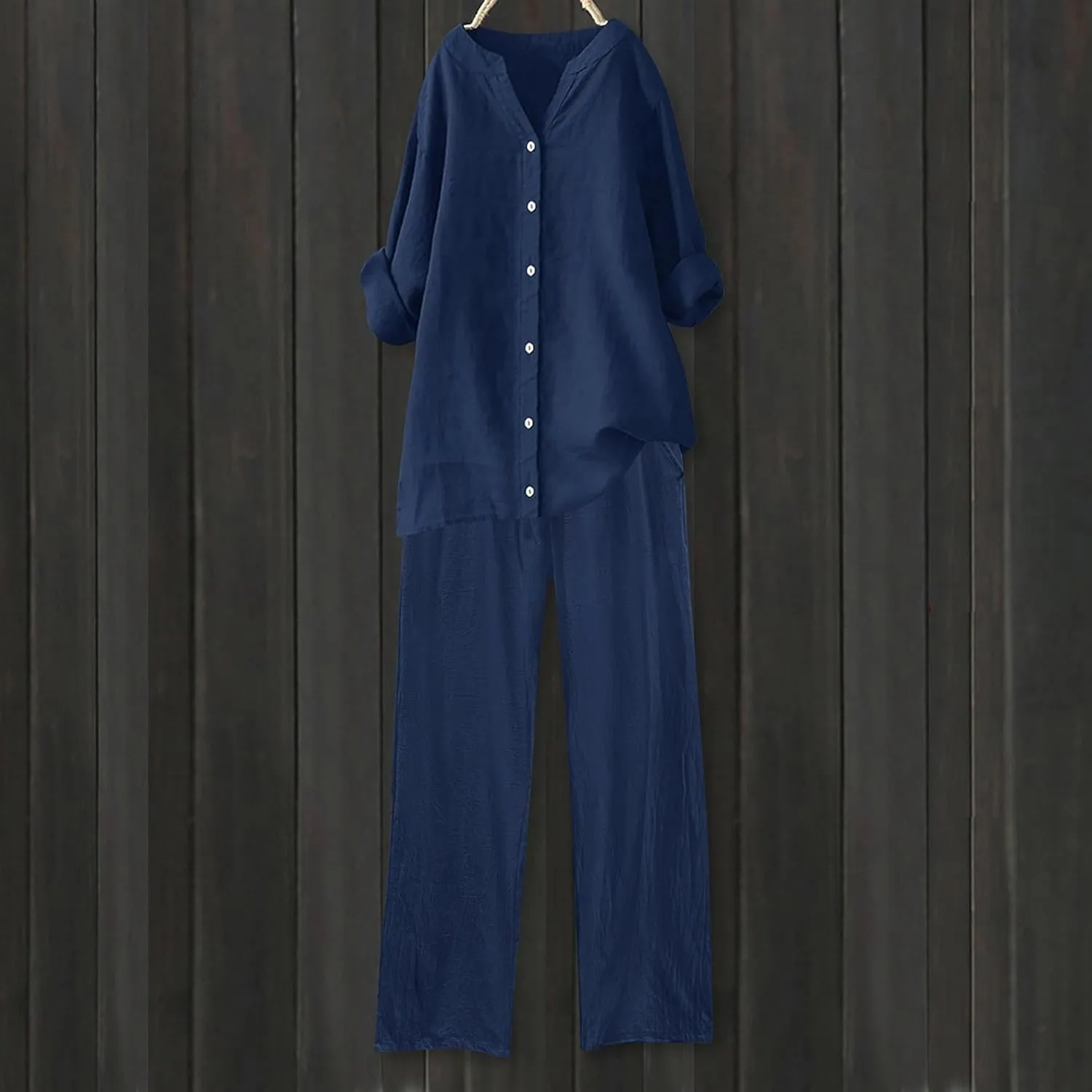 Women's 2 Piece Outfits Cotton Linen Lounge Sets Casual Short Sleeve Button Down Sleepwear Pajamas Set Spring Outfit