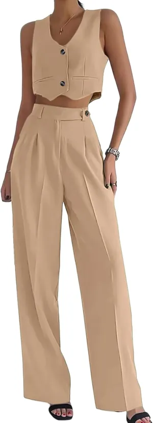 Women's 2 Piece Outfits Summer U Neck Button Sleeveless Crop Tops High Waist Wide Leg Pant Sets Casual Vest Suits