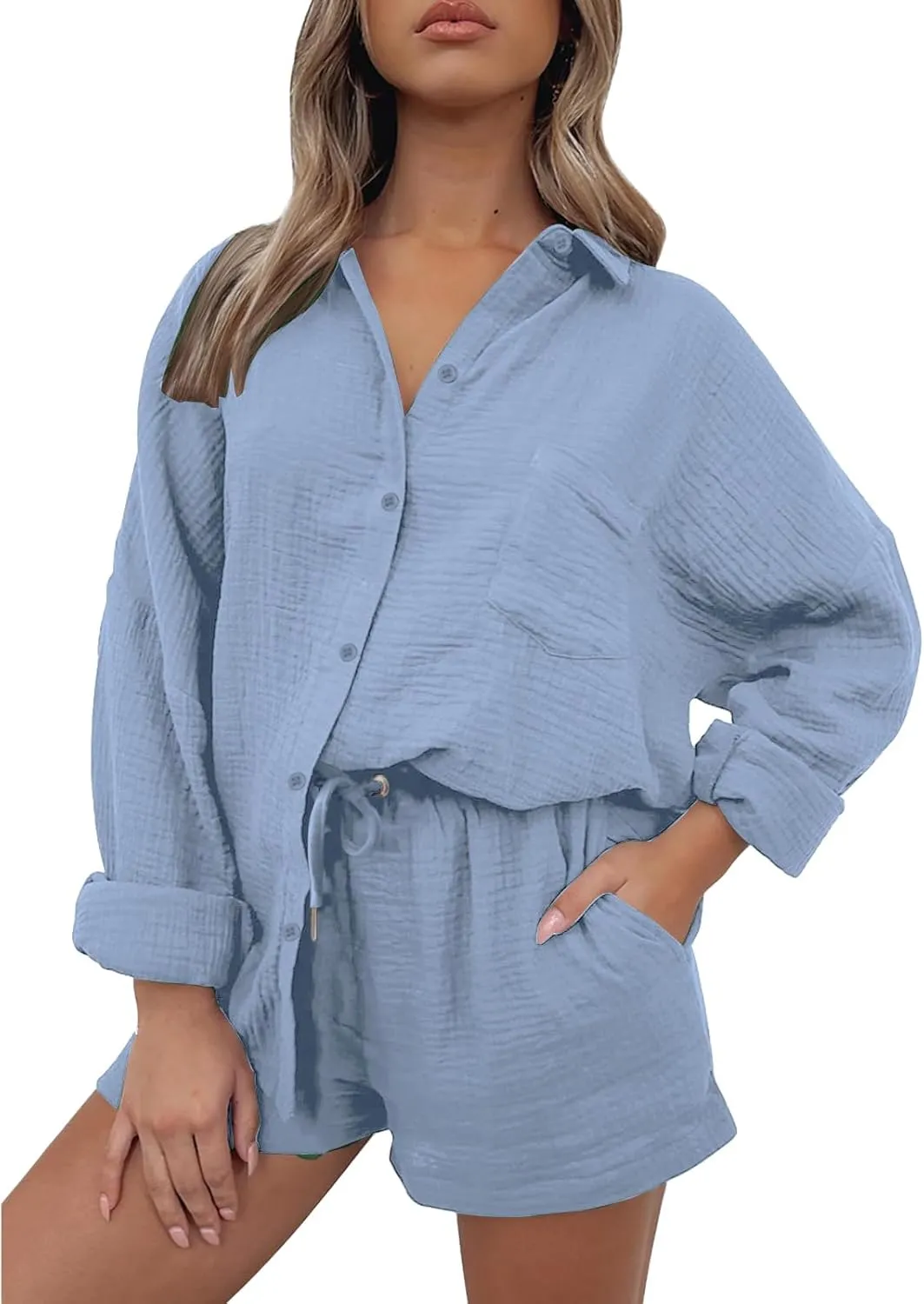 Womens 2 Piece Set Summer Linen Long Sleeve Button Shirt Drawstring Shorts Outfits Casual Breathable Beach Tracksuit