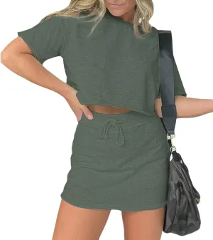 Women's 2 Piece Skirt Sets Summer Sexy Crew Neck Short Sleeve Crop Tops Drawstring Skirts Built in Shorts Outfits