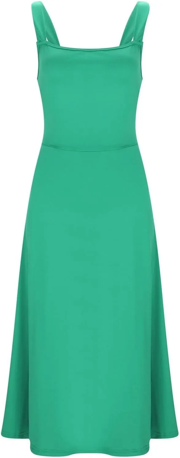 Women's 2025 Summer Sleeveless Midi Dress Square Neck Drawstring Waist Flowy A Line Beach Dresses Tank Dresses for Women