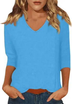 Womens 3/4 Sleeve Tops Casual V Neck T Shirts Loose Fit Three Quarter Length Cute Shirts Dressy Basic Work Blouse
