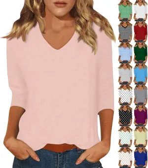 Womens 3/4 Sleeve Tops Casual V Neck T Shirts Loose Fit Three Quarter Length Cute Shirts Dressy Basic Work Blouse