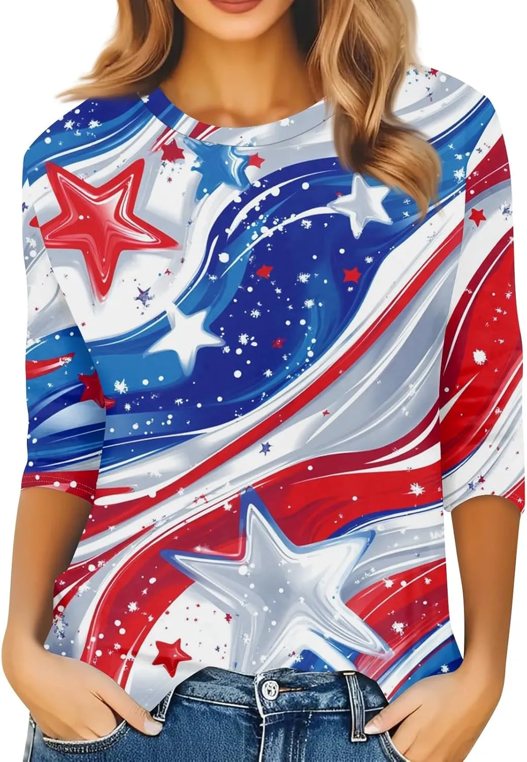 Womens 4th of July Plus Size 3/4 Sleeve Shirts Independence Day Patriotic Casual Tops USA Flag Stars Stripes Blouse