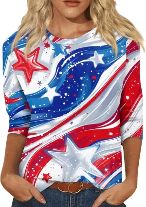 Womens 4th of July Plus Size 3/4 Sleeve Shirts Independence Day Patriotic Casual Tops USA Flag Stars Stripes Blouse