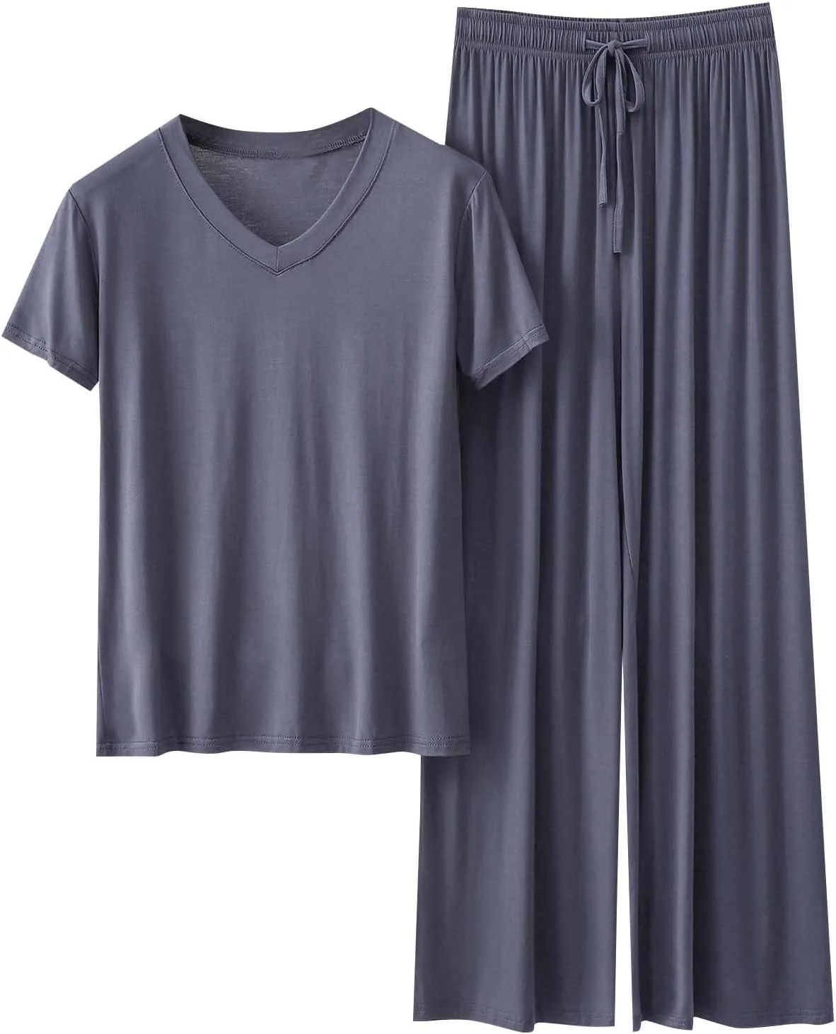 Women's Basic Cropped Modal Lounge Sets 2 Piece Sleepwear Soft Short Sleeve V Neck Tops and Wide Leg Pants Pajamas