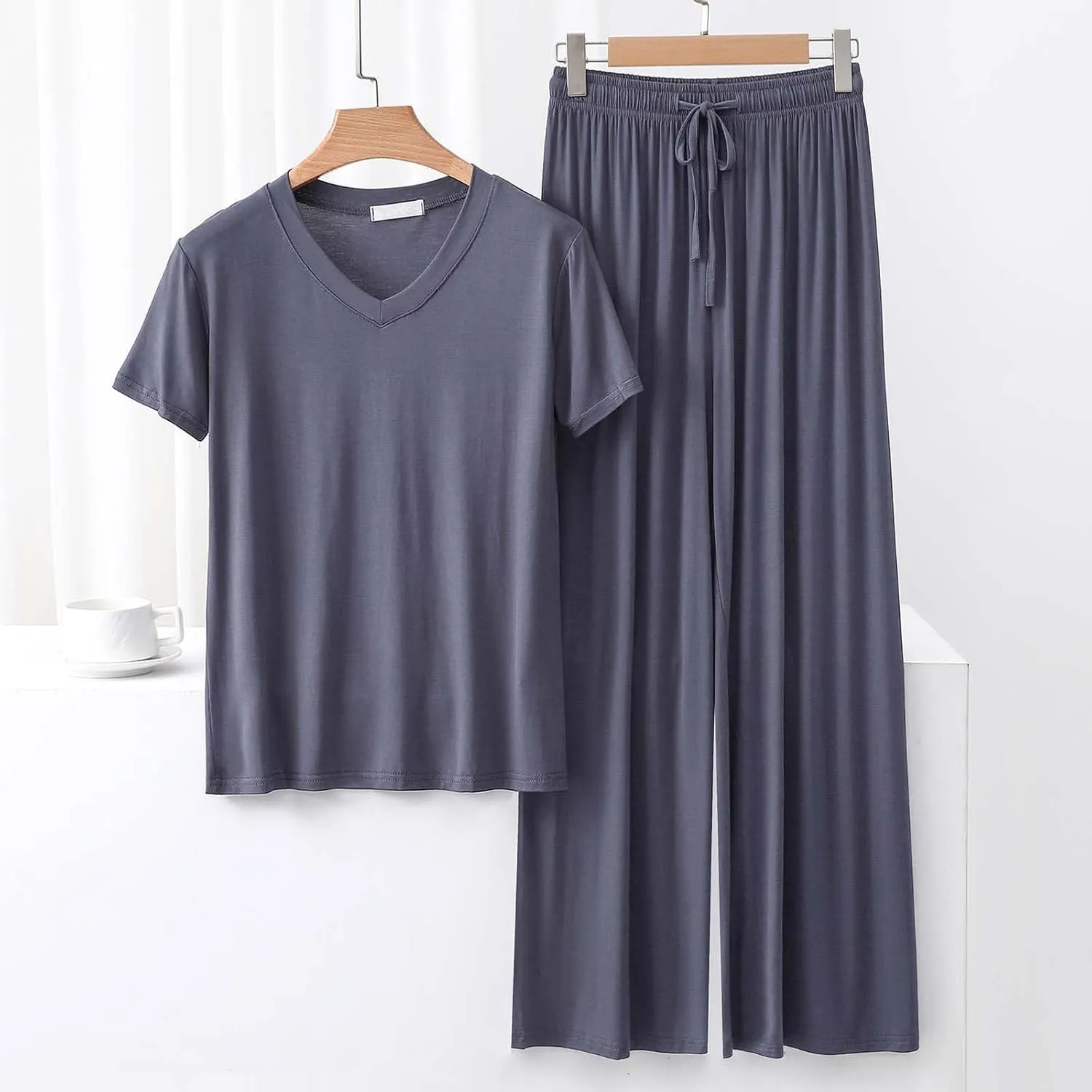 Women's Basic Cropped Modal Lounge Sets 2 Piece Sleepwear Soft Short Sleeve V Neck Tops and Wide Leg Pants Pajamas