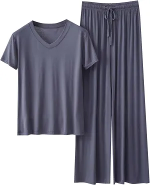 Women's Basic Cropped Modal Lounge Sets 2 Piece Sleepwear Soft Short Sleeve V Neck Tops and Wide Leg Pants Pajamas