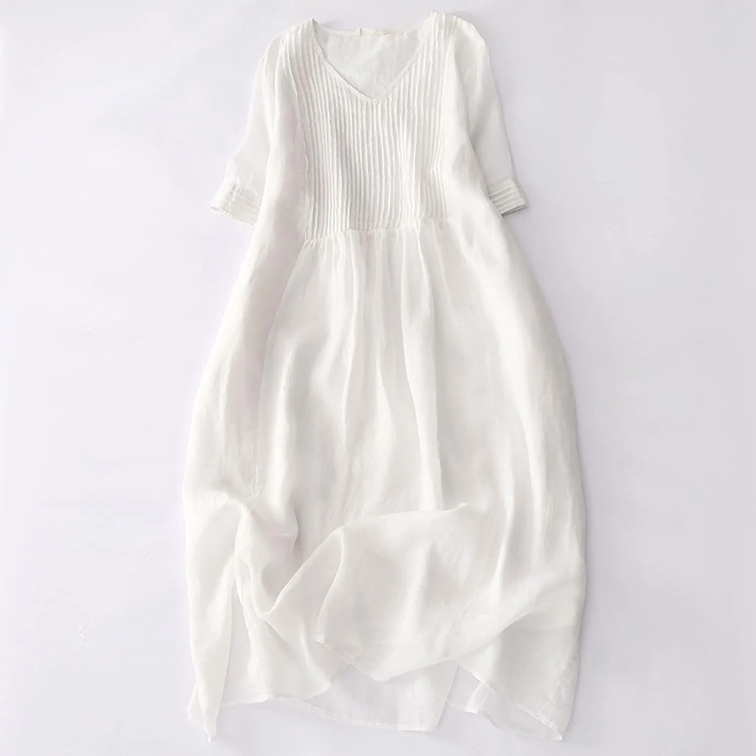 Womens Bohemian Cotton Linen Dresses 3/4 Sleeve Maxi Long Dress Plain Classic Dresses Trendy Boho Dresses with Belt