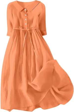 Womens Bohemian Cotton Linen Dresses 3/4 Sleeve Maxi Long Dress Plain Classic Dresses Trendy Boho Dresses with Belt