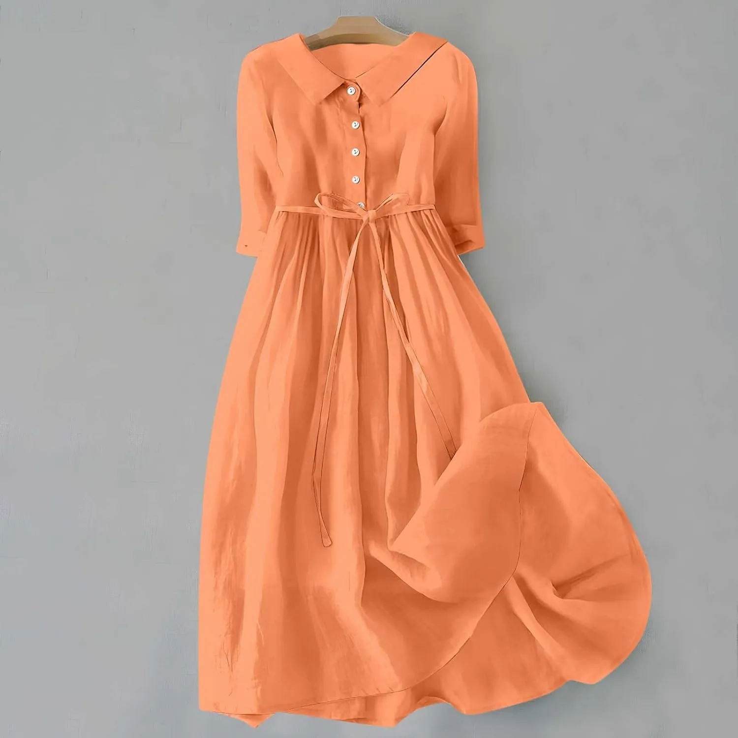 Womens Bohemian Cotton Linen Dresses 3/4 Sleeve Maxi Long Dress Plain Classic Dresses Trendy Boho Dresses with Belt