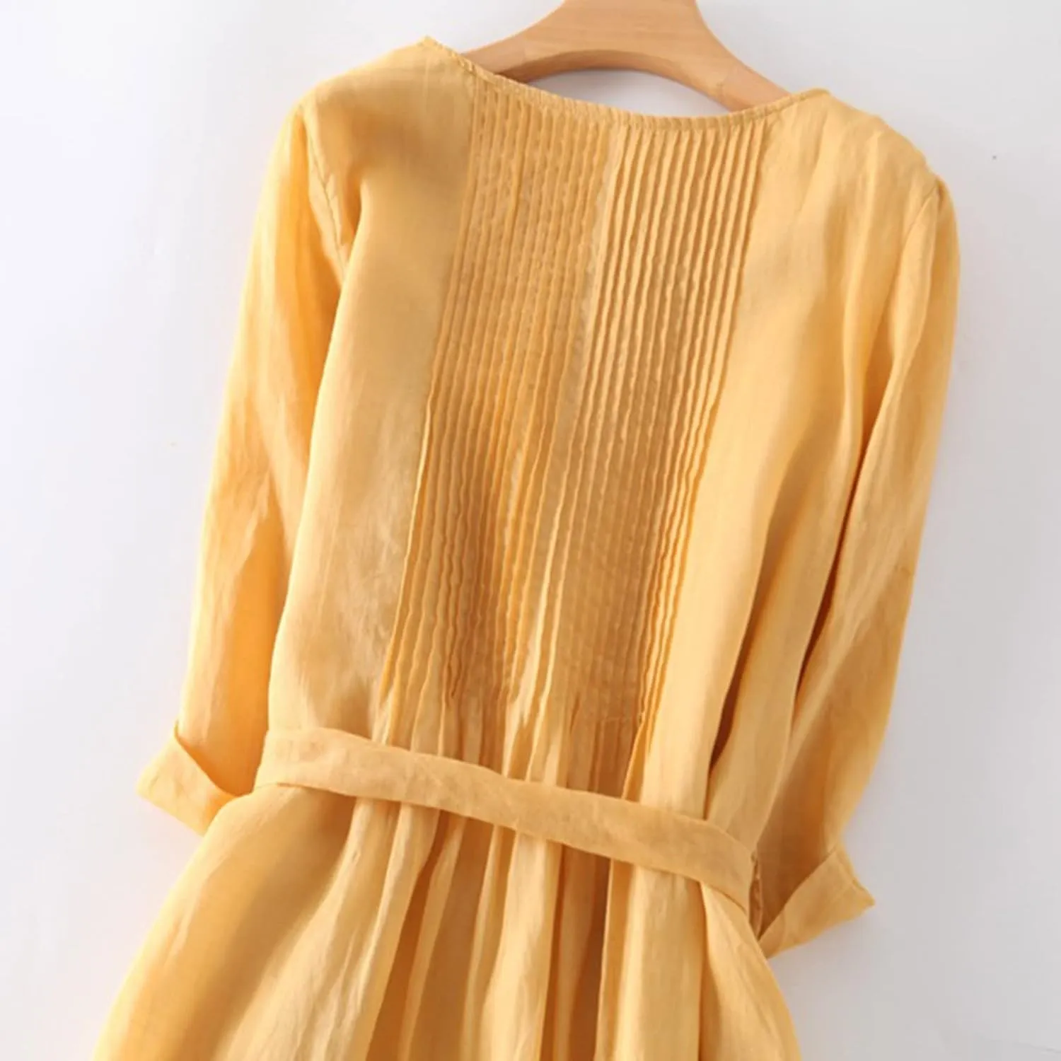 Womens Bohemian Cotton Linen Dresses 3/4 Sleeve Maxi Long Dress Plain Classic Dresses Trendy Boho Dresses with Belt