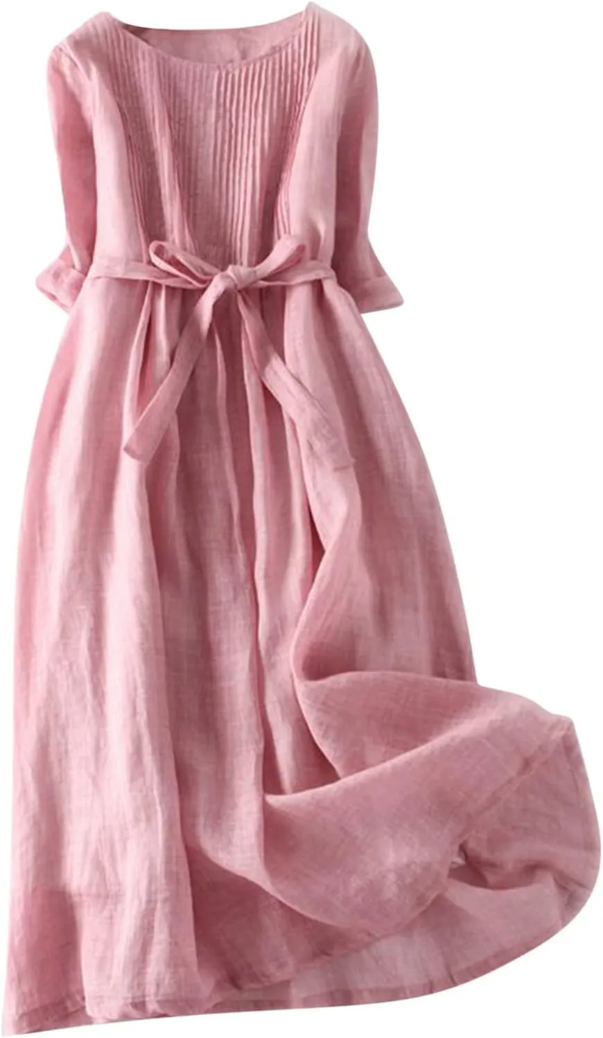 Womens Bohemian Cotton Linen Dresses 3/4 Sleeve Maxi Long Dress Plain Classic Dresses Trendy Boho Dresses with Belt