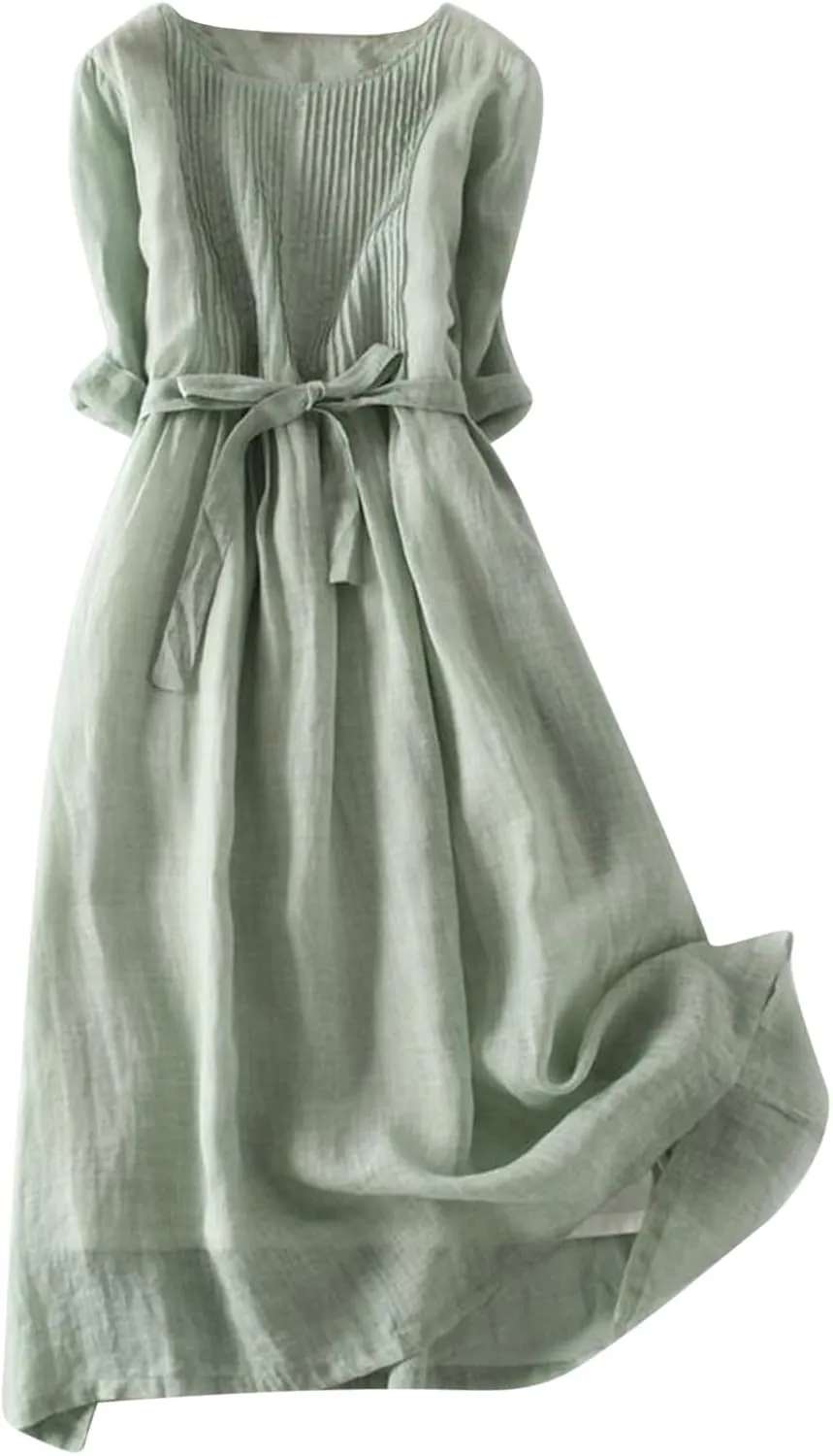 Womens Bohemian Cotton Linen Dresses 3/4 Sleeve Maxi Long Dress Plain Classic Dresses Trendy Boho Dresses with Belt