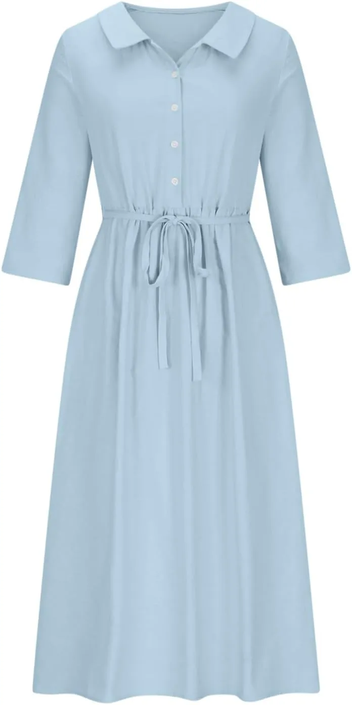 Womens Bohemian Cotton Linen Dresses 3/4 Sleeve Maxi Long Dress Plain Classic Dresses Trendy Boho Dresses with Belt