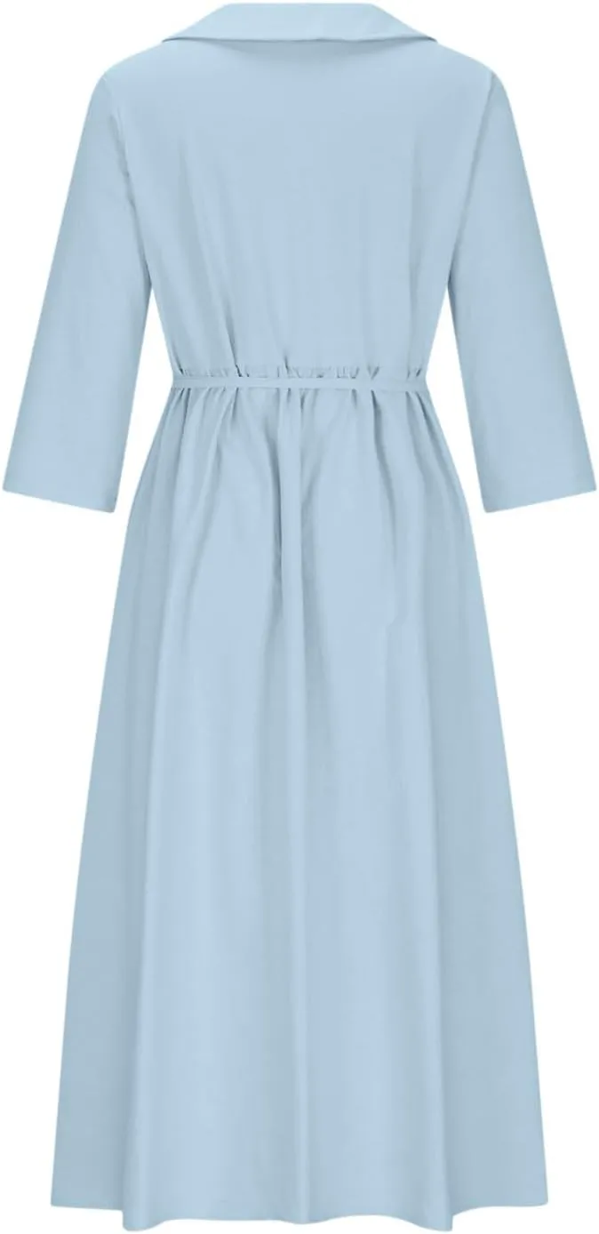 Womens Bohemian Cotton Linen Dresses 3/4 Sleeve Maxi Long Dress Plain Classic Dresses Trendy Boho Dresses with Belt