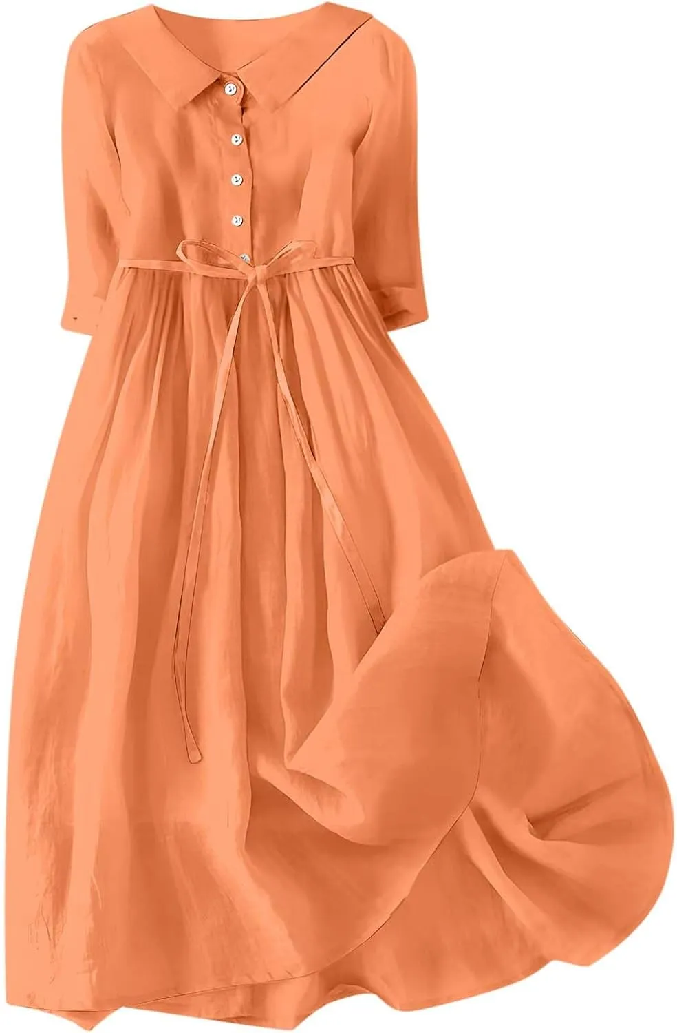 Womens Bohemian Cotton Linen Dresses 3/4 Sleeve Maxi Long Dress Plain Classic Dresses Trendy Boho Dresses with Belt