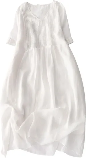 Womens Bohemian Cotton Linen Dresses 3/4 Sleeve Maxi Long Dress Plain Classic Dresses Trendy Boho Dresses with Belt