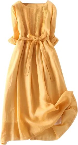 Womens Bohemian Cotton Linen Dresses 3/4 Sleeve Maxi Long Dress Plain Classic Dresses Trendy Boho Dresses with Belt