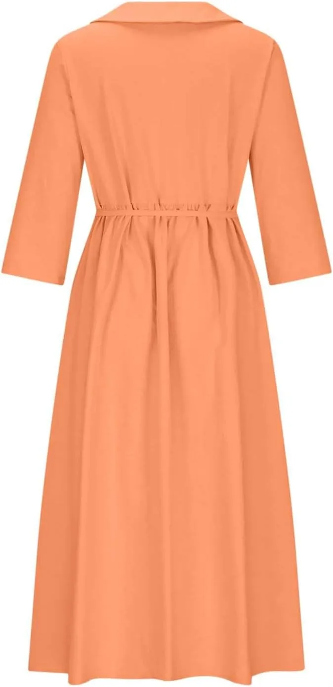 Womens Bohemian Cotton Linen Dresses 3/4 Sleeve Maxi Long Dress Plain Classic Dresses Trendy Boho Dresses with Belt