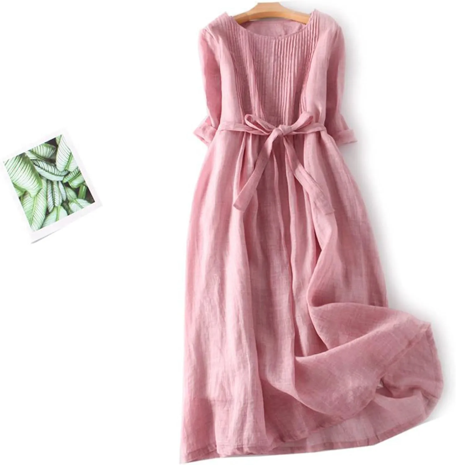 Womens Bohemian Cotton Linen Dresses 3/4 Sleeve Maxi Long Dress Plain Classic Dresses Trendy Boho Dresses with Belt