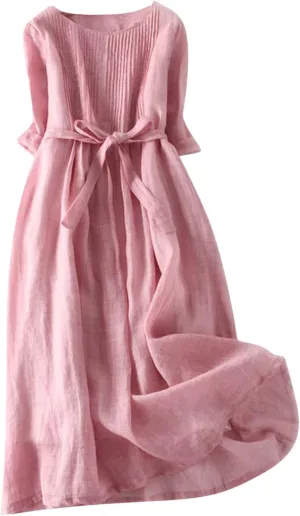 Womens Bohemian Cotton Linen Dresses 3/4 Sleeve Maxi Long Dress Plain Classic Dresses Trendy Boho Dresses with Belt