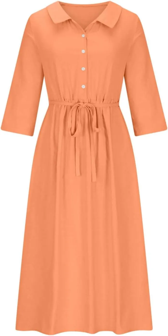 Womens Bohemian Cotton Linen Dresses 3/4 Sleeve Maxi Long Dress Plain Classic Dresses Trendy Boho Dresses with Belt
