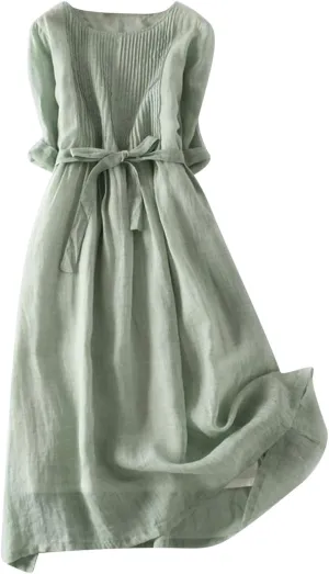 Womens Bohemian Cotton Linen Dresses 3/4 Sleeve Maxi Long Dress Plain Classic Dresses Trendy Boho Dresses with Belt
