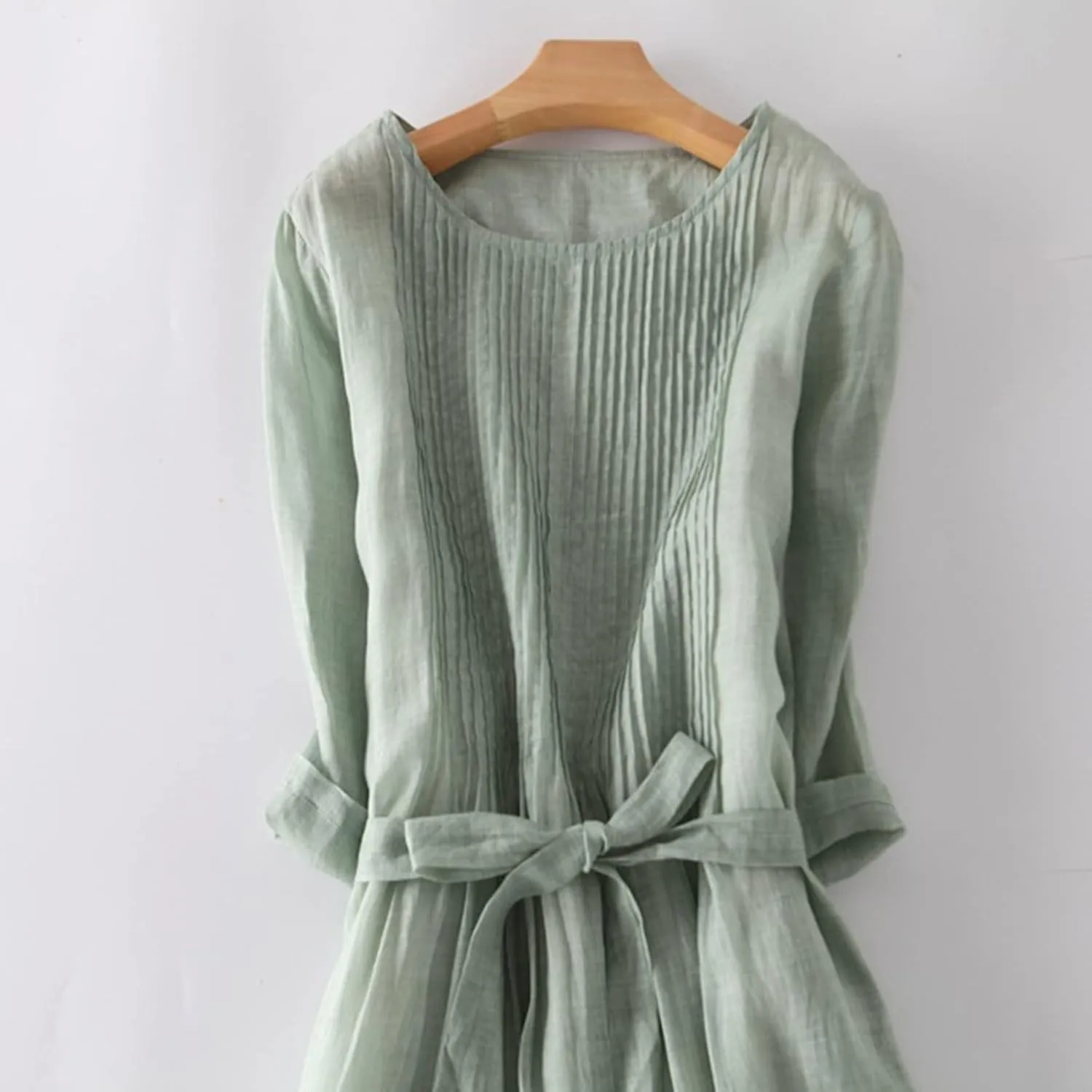 Womens Bohemian Cotton Linen Dresses 3/4 Sleeve Maxi Long Dress Plain Classic Dresses Trendy Boho Dresses with Belt