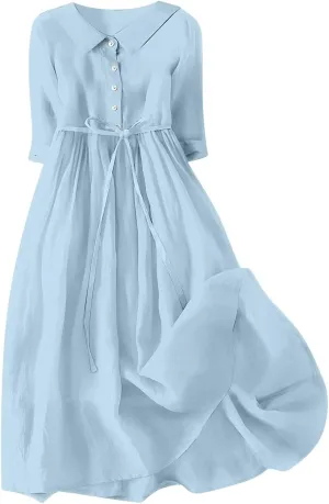 Womens Bohemian Cotton Linen Dresses 3/4 Sleeve Maxi Long Dress Plain Classic Dresses Trendy Boho Dresses with Belt