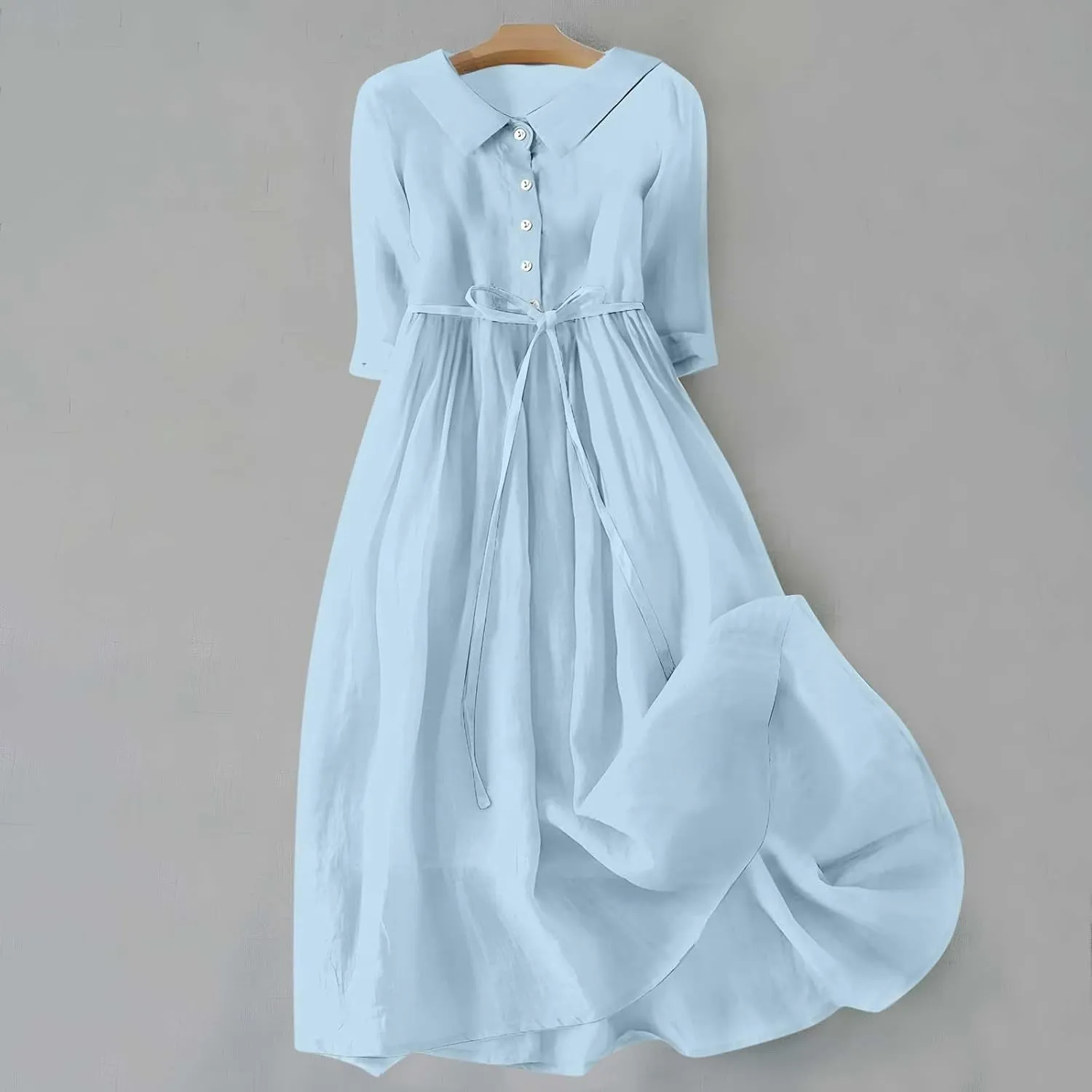 Womens Bohemian Cotton Linen Dresses 3/4 Sleeve Maxi Long Dress Plain Classic Dresses Trendy Boho Dresses with Belt