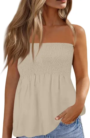 Women's Boho Tube Tank Tops 2025 Summer Strapless Off Shoulder Solid Trendy Going Out Bandeau Top Sleeveless Shirts