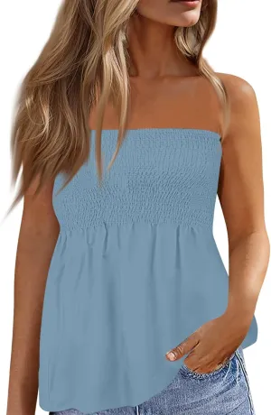 Women's Boho Tube Tank Tops 2025 Summer Strapless Off Shoulder Solid Trendy Going Out Bandeau Top Sleeveless Shirts