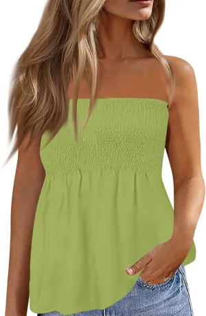 Women's Boho Tube Tank Tops 2025 Summer Strapless Off Shoulder Solid Trendy Going Out Bandeau Top Sleeveless Shirts