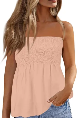 Women's Boho Tube Tank Tops 2025 Summer Strapless Off Shoulder Solid Trendy Going Out Bandeau Top Sleeveless Shirts