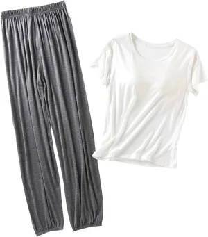 Women's Built in Bras Sets Casual Solid 2 Piece Home Wear Padded Basic Fit Pajamas Trending Outfits