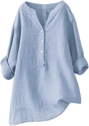 Women's Button Cotton Linen Short Sleeve Tops Summer Cute Casual Oversized Blouse Top V Neck Loose Fit Tshirts