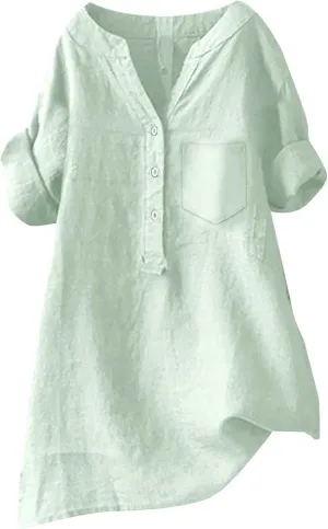 Womens Button Down Collar Shirt Plain Long Sleeve Linen Summer Casual Office Blouse Tops Loose Fit Tunic