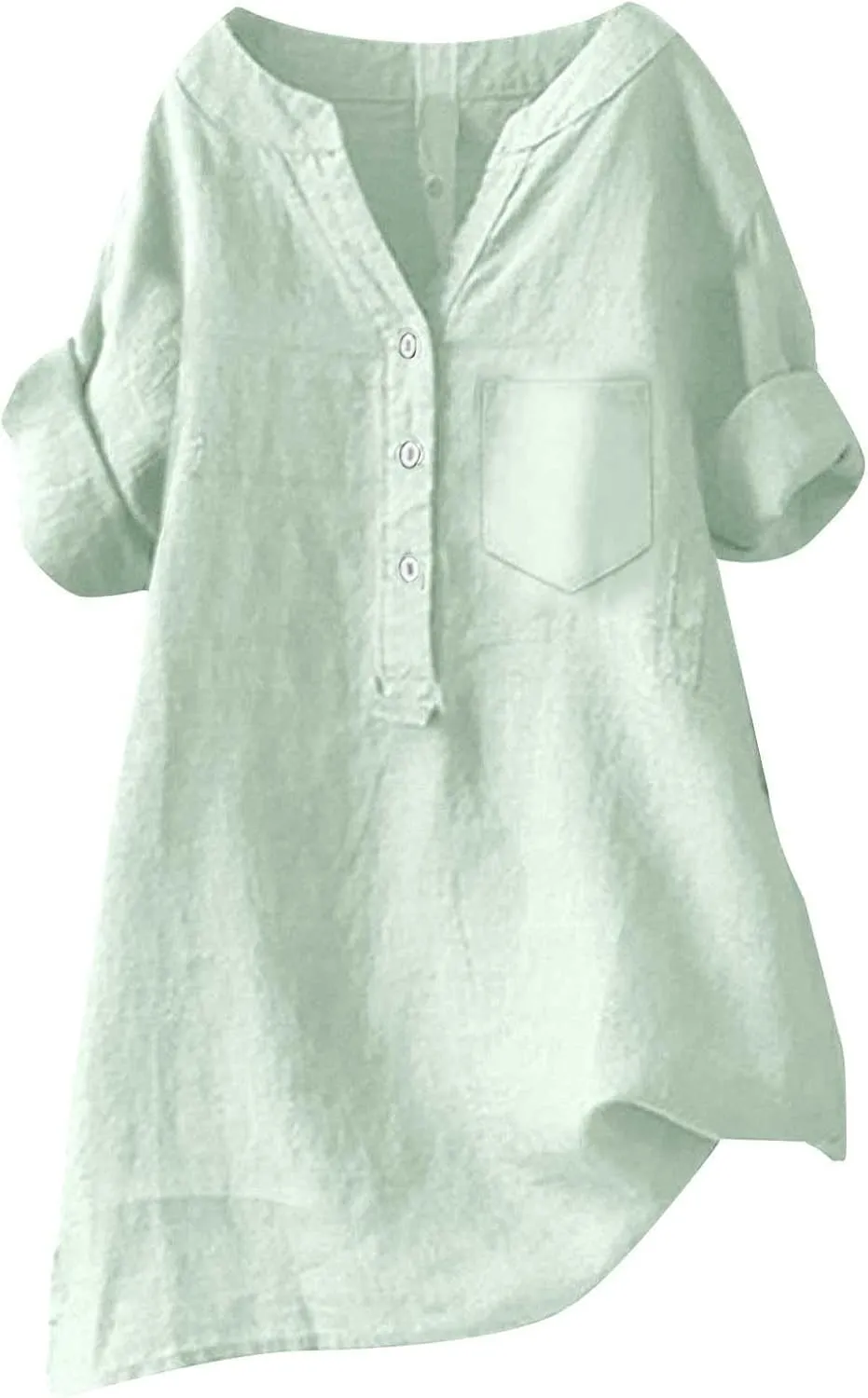 Womens Button Down Collar Shirt Plain Long Sleeve Linen Summer Casual Office Blouse Tops Loose Fit Tunic
