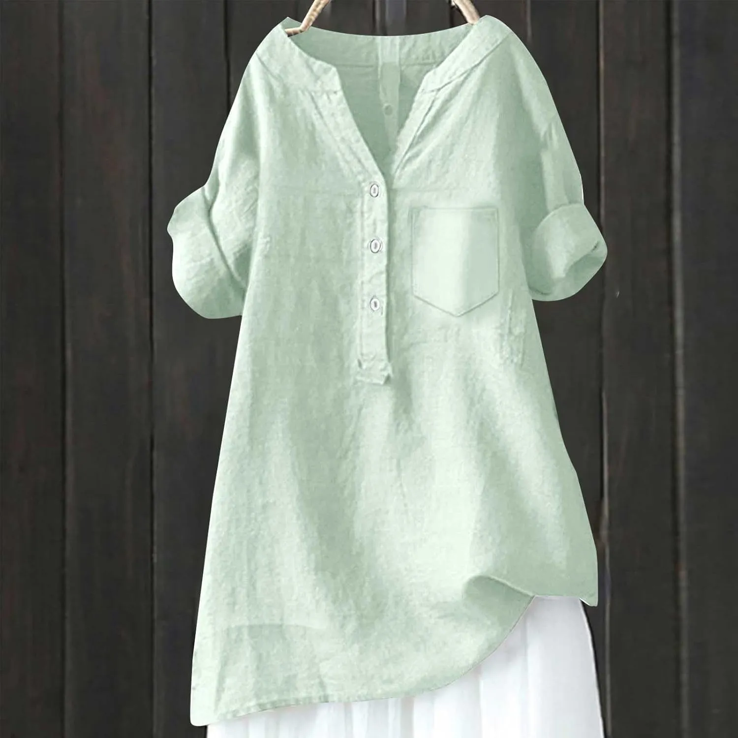 Womens Button Down Collar Shirt Plain Long Sleeve Linen Summer Casual Office Blouse Tops Loose Fit Tunic