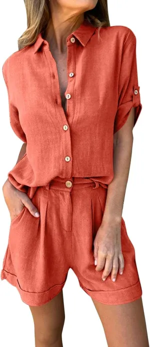 Womens Casual 2 Piece Outfits Cotton Linen Sets Roll-Up Sleeve Button Down Tops Wide Leg Shorts Tracksuit Lounge Sets