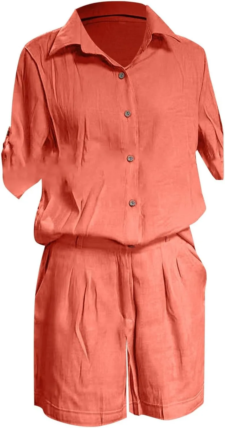Womens Casual 2 Piece Outfits Cotton Linen Sets Roll-Up Sleeve Button Down Tops Wide Leg Shorts Tracksuit Lounge Sets