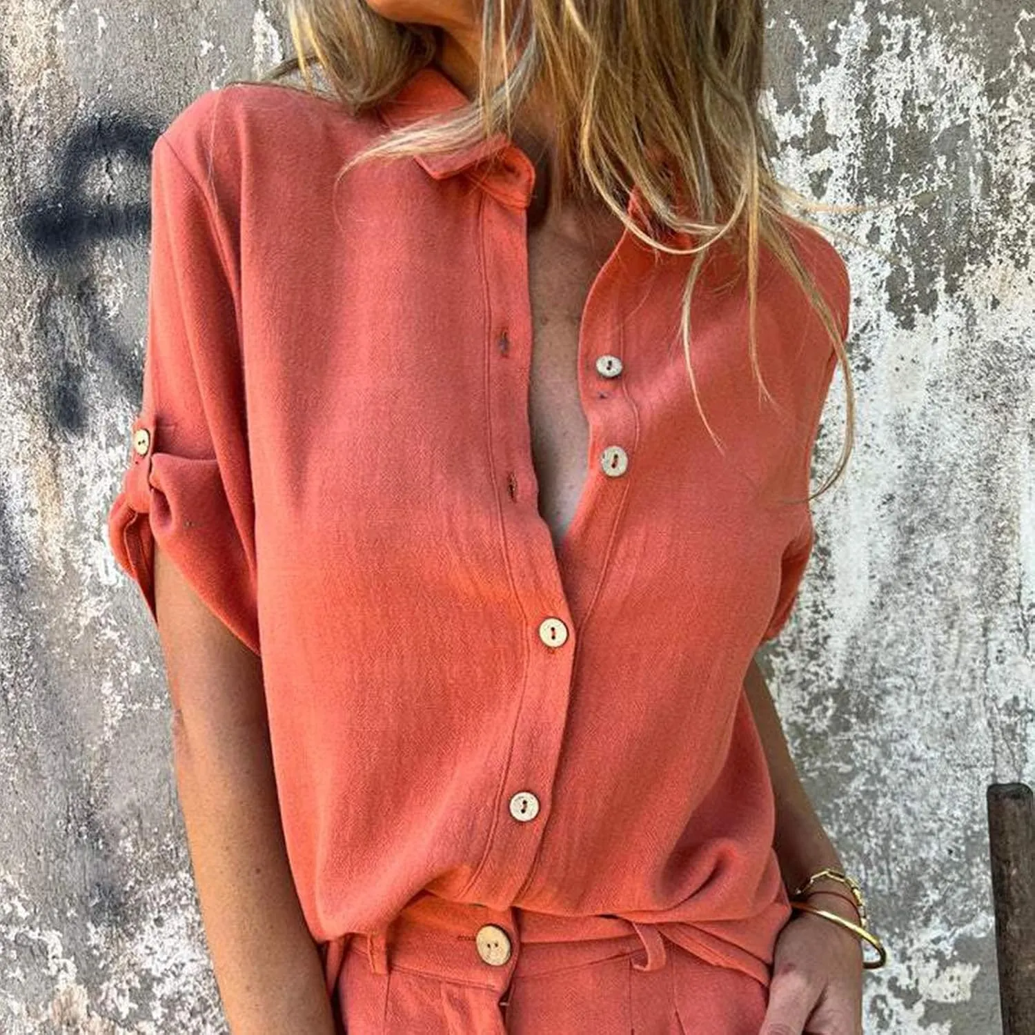 Womens Casual 2 Piece Outfits Cotton Linen Sets Roll-Up Sleeve Button Down Tops Wide Leg Shorts Tracksuit Lounge Sets