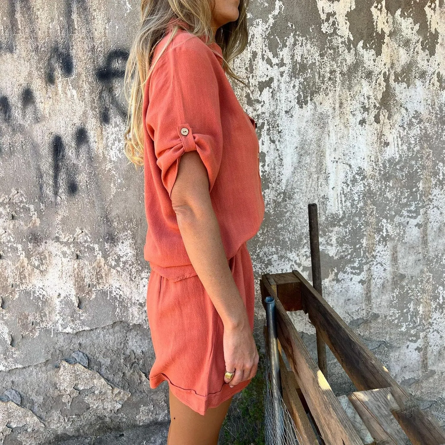 Womens Casual 2 Piece Outfits Cotton Linen Sets Roll-Up Sleeve Button Down Tops Wide Leg Shorts Tracksuit Lounge Sets