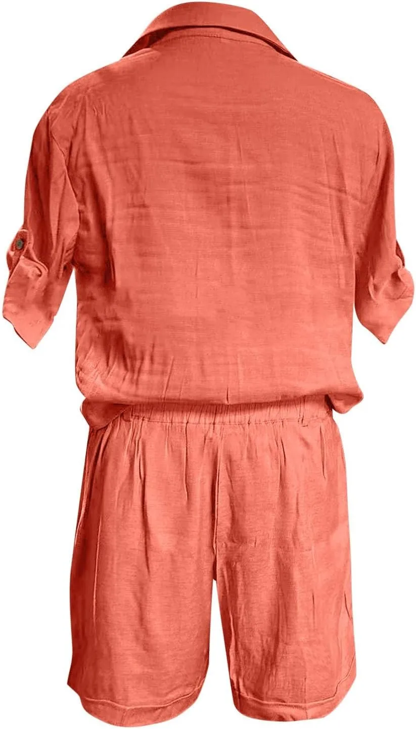 Womens Casual 2 Piece Outfits Cotton Linen Sets Roll-Up Sleeve Button Down Tops Wide Leg Shorts Tracksuit Lounge Sets