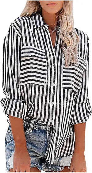 Women's Casual Plaid Button Down Blouses and Tops 2023 Fashion Collared Button Down Shirts Pullover Tee Top with Pocket